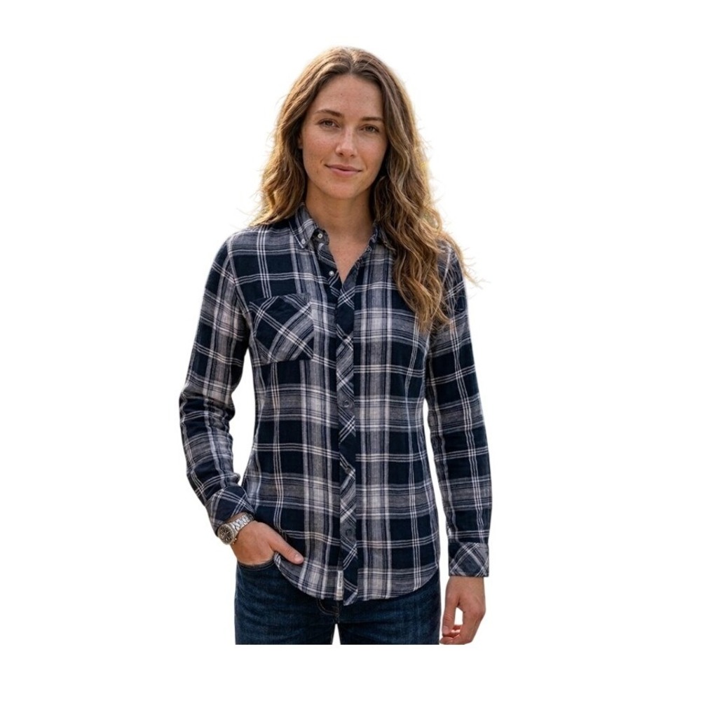 Calvin‎ Klein Flannel Button Down Shirt Blue White Buffalo Plaid Rayon Top S